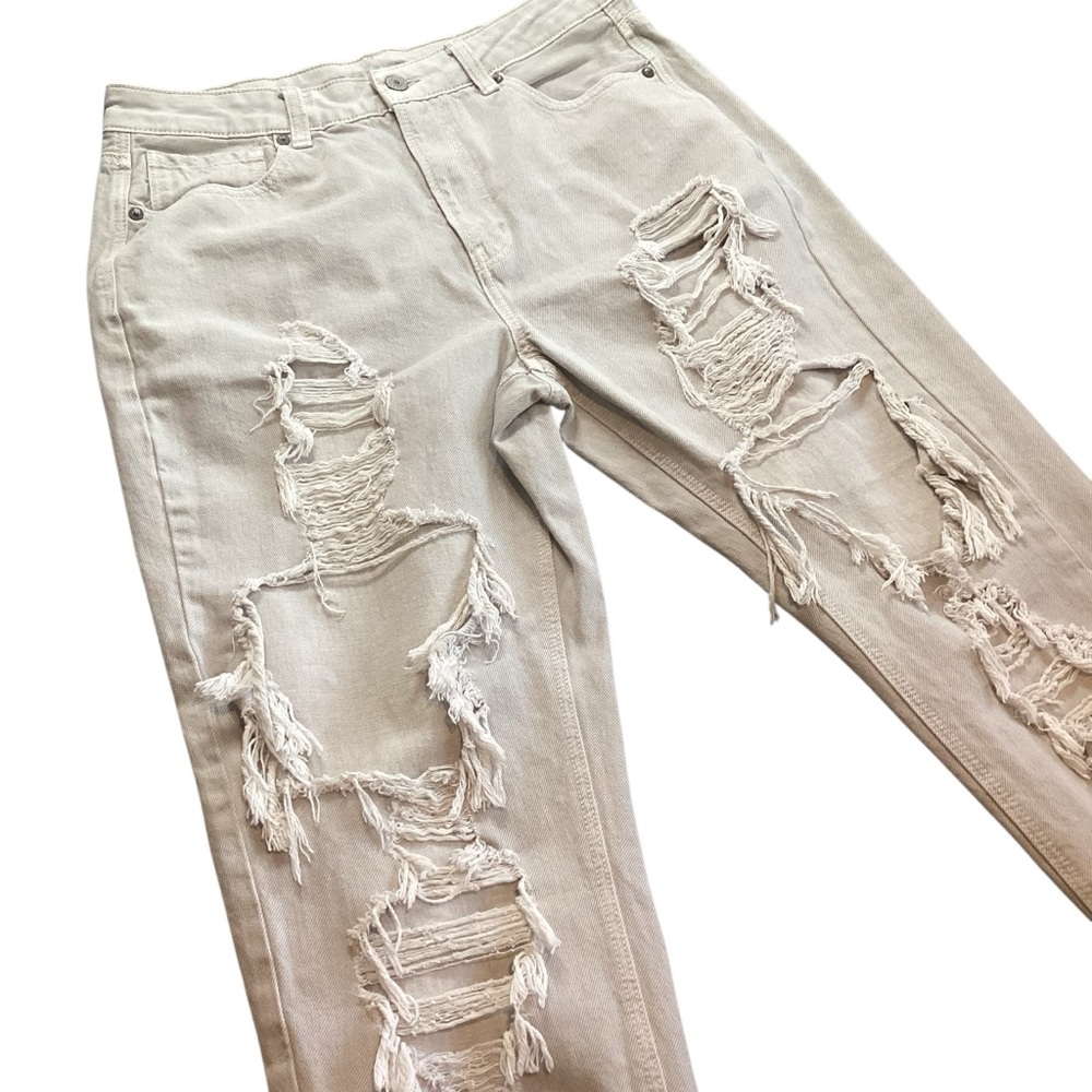 American Eagle Light‎ Grey Thrashed High Waisted Straight Leg Mom Jeans, Size 12 - Picture 2 of 10